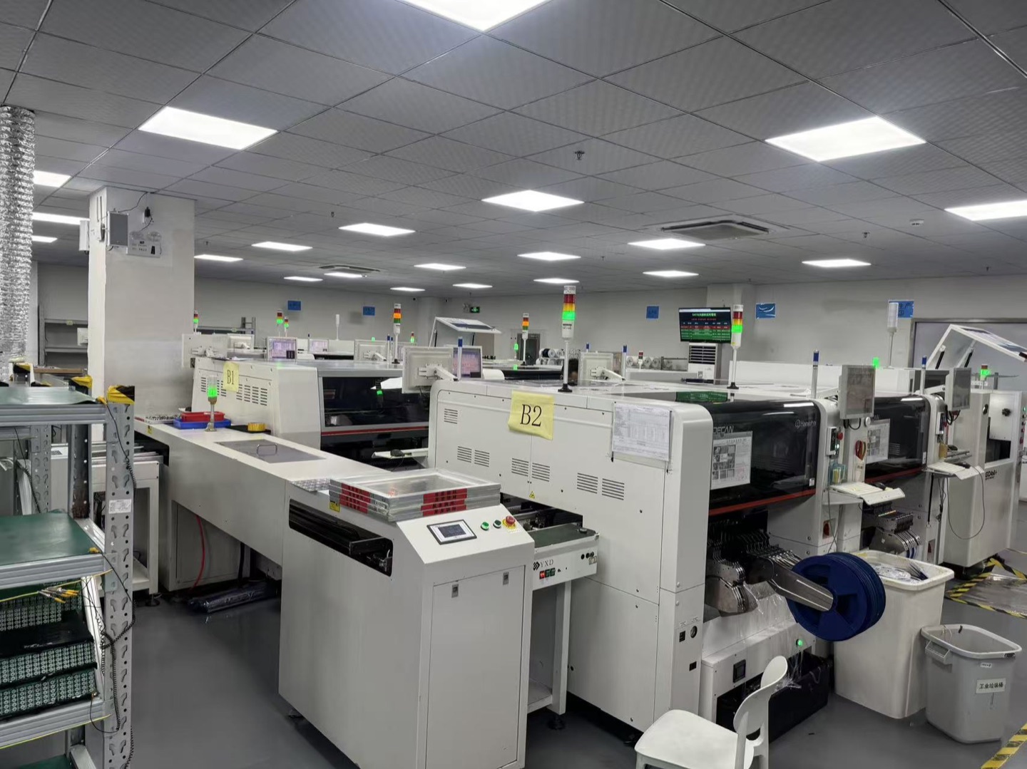 Component placement machines with feeders and PCB handling equipment